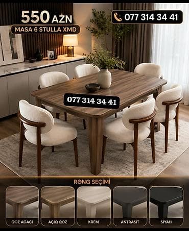kiraye stol stullar: Masa və 6 stul dəsti – 550 AZN - Modern dizaynlı, düzbucaqlı yemək — 1
