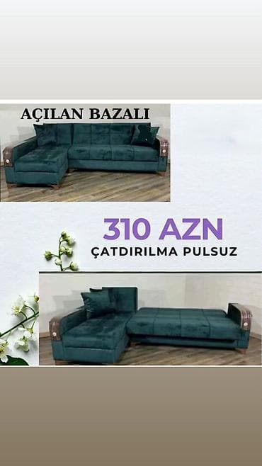 Açılan-bazalı künc divan - Rəng: tünd yaşıl - Açılıb yataq formasına