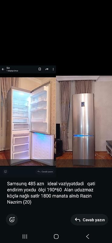 islenmis soyuducu: Samsunq 485 azn ideal vəziyyətdədi qəti endirim yoxdu ölçi 190*60 — 1