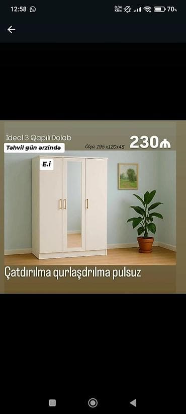 qapi sifarisi: İdeal 3 qapılı dolab. Sadə və zövqlü dizayna malik olan bu model ağ — 1
