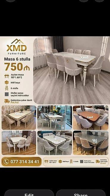 balkon stul: XMD Furniture – Açılan masa və 6 stul dəsti - Masa ölçüsü: 90×160 sm — 1