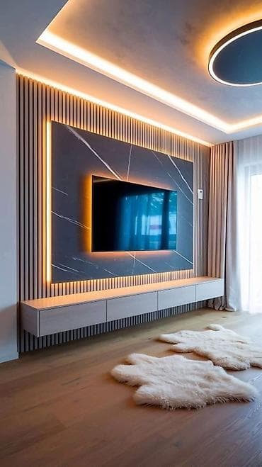 Sifarişlə ev mebeli: Müasir TV divar paneli və media konsolu dizaynı - Dizayn: Minimal və — 2