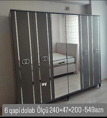 Yeni, 6 qapı, Güzgülü, Boz, Digər material, Açılan, Düz dolab