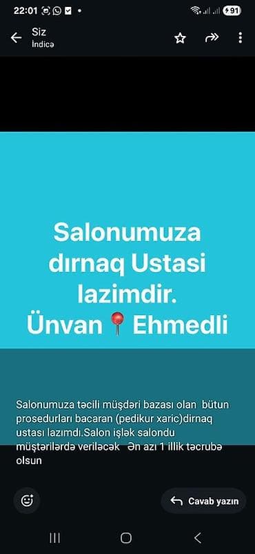 Salon üçün dırnaq ustası axtarılır. Tələblər və işin təsviri: -
