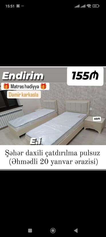 Çarpayılar: Yeni, Təknəfərlik çarpayı, Bazasız, Matras ilə, Siyirməsiz — 9