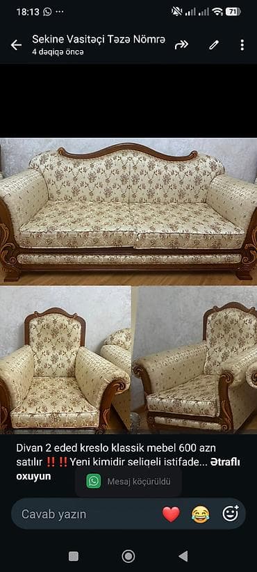 taxt satilir: Divan 2 eded kreslo klassik mebel 600 azn satılır ‼️‼️Yeni kimidir — 1