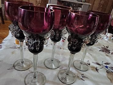 şuşə balon: Şüşə qədəh və stəkan dəsti - Qırmızı-bənövşəyi qablı, dekorativ şüşə — 1