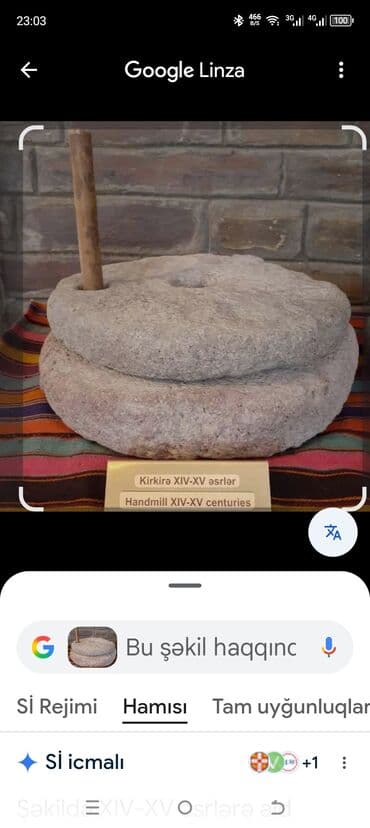 Məhsul: Əl dəyirmanı (kirkirə) – üyüdücü daş. antik daş. Təsvir: -