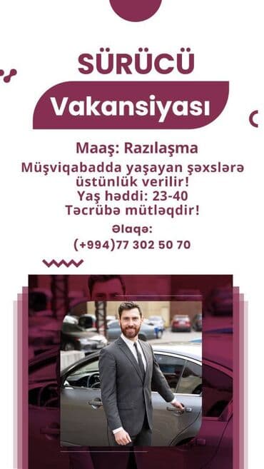 Sürücü AXTARILIR! Maaş: Razılaşma ilə. Müşviqabad, Sulutəpə, 20