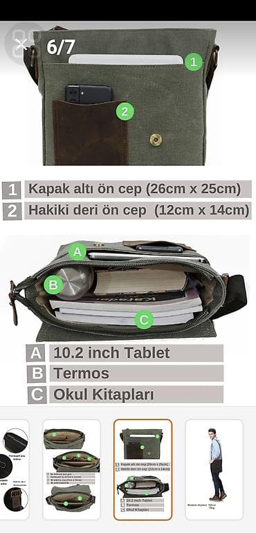 ipad 10 cu nesil: Suya davamlı mumlu kanvasdan kişi/unikseks çiyin çantası - Ölçülər — 1