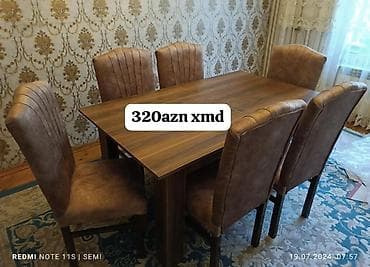 bar mebeli: Yemək dəsti – masa və 6 ədəd stul - Dördbucaq taxta efektli masa — 1