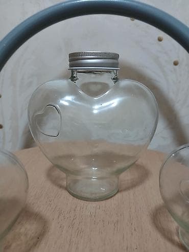 Şüşə ürək formalı bankalar – 3 ədəd dəst - Material: şəffaf qalın