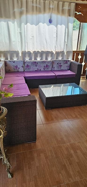 həsir divan: Rattan terras mebel dəsti - Tərkibi: künc formalı modul divan və şüşə — 1