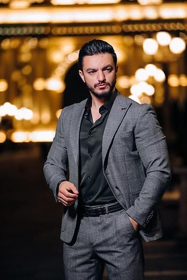 mühafizə geyimi: Kişi kostyum dəsti – klassik boz xallı naxış - Üst: İkibortlu — 1