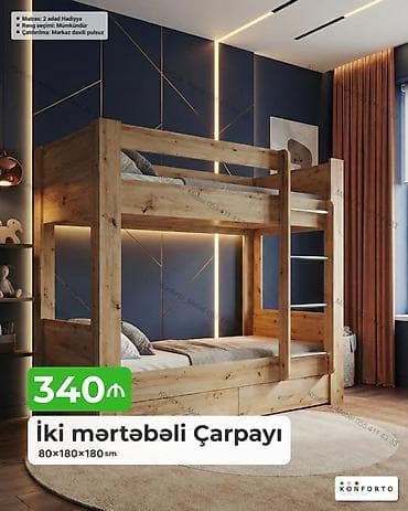 İki mərtəbəli çarpayı – 80×180×180 sm - Təbii ağac görünüşlü, möhkəm