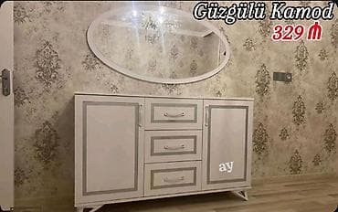 güzgü mebel: Güzgülü kamod – 329 ₼ - Rəng: ağ, boz konturlu dekor - Komplekt: iri — 1
