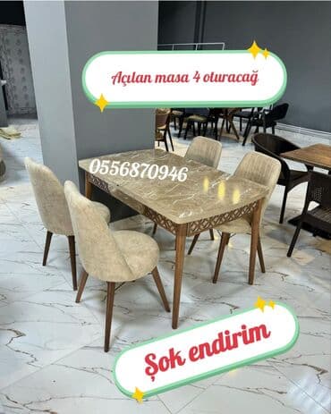 Mətbəx üçün, Yeni, Açılan, Dördbucaq masa, 4 stul