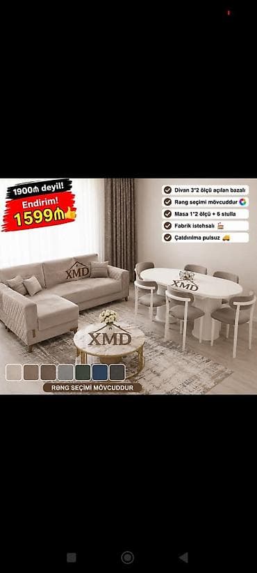 Qonaq otağı dəsti – divan + masa və 6 stul - Divan: 3×2 ölçü, açılan