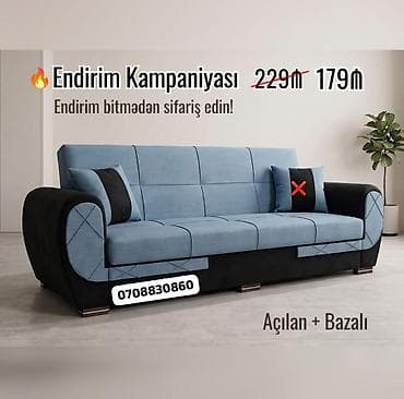 Açılan və bazalı divan - İki rəng kombinasiya: mavi oturacaq və