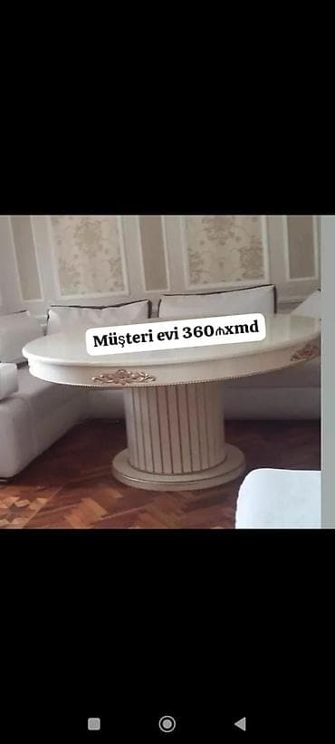 Ağ rəngli, klassik üslubda dairəvi yemək/çay masası. - Masaüstü geniş