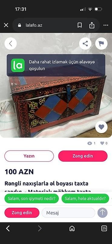 Rəngli naxışlarla əl boyası taxta sandıq. - Material: möhkəm taxta -