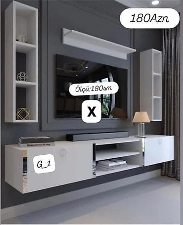 Qonaq otağı üçün modern TV stend dəsti. Dəst ağ rəngli, divara — 1