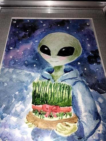 meymun sekili: Akvarel tablo – “Səməni tutan kosmonit”sulu ve akril boya ile islenip — 1