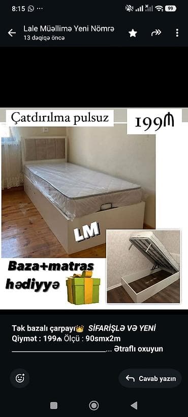 tek kravat: *Tək bazalı çarpayı*👑 _*SİFARİŞLƏ VƏ YENİ*_ *Qiymət : 199₼* Ölçü  — 2