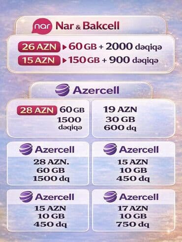 Mobil tarif paketləri Nar & Bakcell: - 26 AZN – 60 GB + 2000 lalafo.az -da Mobil tarif paketləri Nar & Bakcell: - 26 AZN – 60 GB + 2000