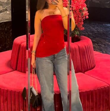 женские халаты с капюшоном: Qırmızı strapless top(bluz) - Model: Strapless kəsimlə - Parça — 2