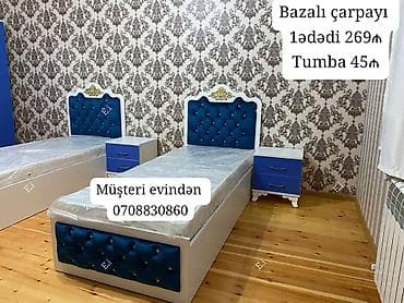 bazalı yataq: Mavi başlıqlı tək nəfərlik bazalı çarpayı dəsti. Dəstdə 2 ədəd bazalı — 1
