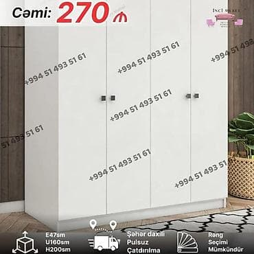 Yeni, 4 qapılı, Güzgülü, Ağ, Digər material, Açılan, Düz dolab