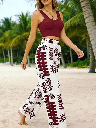 Qadın dəsti – bordo crop top və qrafik naxışlı şalvar - İki hissədən — 1