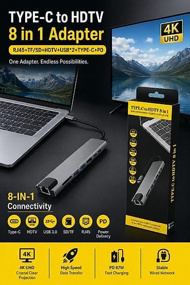 TYPE-C to HDTV 8-in-1 Adapter Bir adapter – sonsuz imkanlar. USB-C — 1
