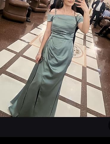 Zərif ziyafət/libas - Rəng: açıq zeytun-yaşıl (saten parıltılı) -