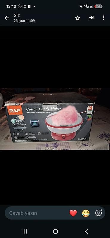elekt: RAF Cotton Candy Maker – şəkər pambığı aparatı Model: R.0001 Güc — 2