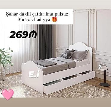 Ağ rəngdə tək nəfərlik çarpayı – aşağı hissədə 3 ədəd çıxarılan