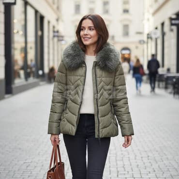 Qadınlar üçün qışlıq qısa şişmə kürk yaxalı gödəkçə - Rəng