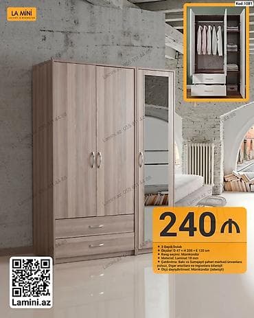 bal: 3 qapılı paltar dolabı – Kod: 1081 - Ölçülər: E 120 × H 200 × D 47 sm — 1