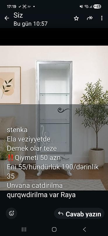 qapi gence: Şkaf-vitrin (stenka) - Material: şüşə rəflər, klassik dekorlu ön — 1