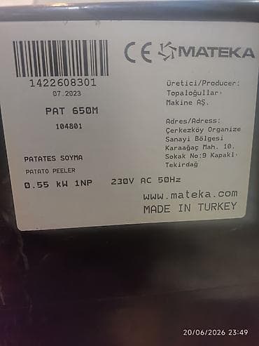 elekt: MATEKA PAT 650M – Kartof Soyan Maşın - Model: PAT 650M (etiketdə) - — 1