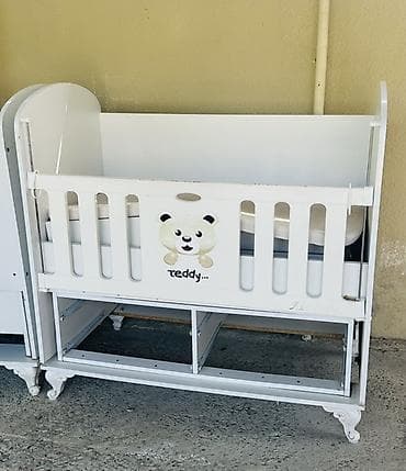 Ağ rəngdə taxta beşik – “Teddy” dizaynı - Material: MDF/taxta