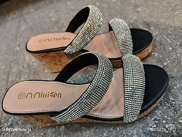 Женская обувь: Qadın platforma terlikləri – parlaq daşlı • Model: iki zolaqlı slayd — 2