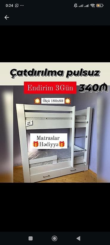 intex matras: Ağ rəngli iki mərtəbəli uşaq çarpayısı - Ölçü: 180x80 - Düşməni — 1