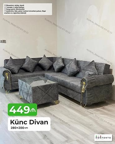 Künc Divan – 280×200 sm - Funksional mexanizm: açılan, bazalı (geniş