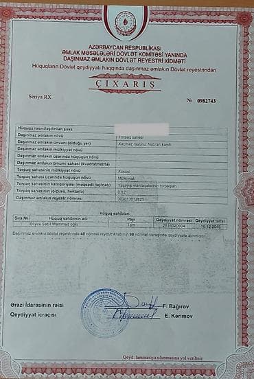 12 sot, Mülkiyyətçi, Kupça (Çıxarış) lalafo.az -da 12 sot, Mülkiyyətçi, Kupça (Çıxarış)