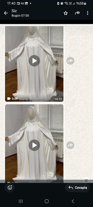 Ağ rəngdə zərif namaz dəsti – xalat tipli uzun paltar və örtüklü şal