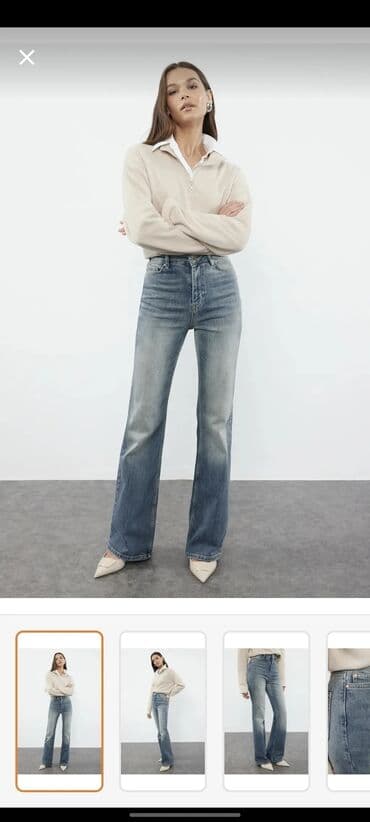 джинсовые юбки на пуговицах: Qadın düz-kəsimli, hündür bel jean şalvar - Rəng: orta-mavi, yumşaq — 1