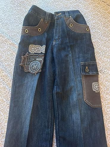 duyməli: Uşaq cins şalvarı - Material: qalın denim (tünd⅞ mavi). - Dizayn — 2