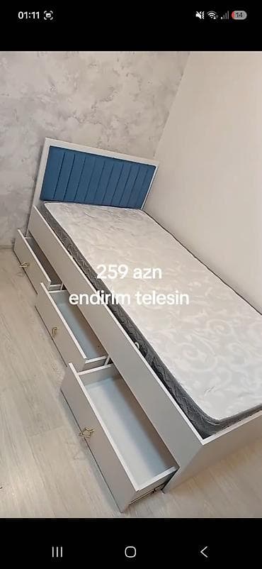 Tək nəfərlik çarpayı – alt hissədə 3 geniş çekmece ilə. - Rəng: ağ